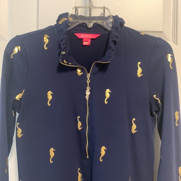 Lilly Pulitzer UPF 50+ skipper ruffle dress, true navy metallic seahorses. NWOT - Picture 6 of 9